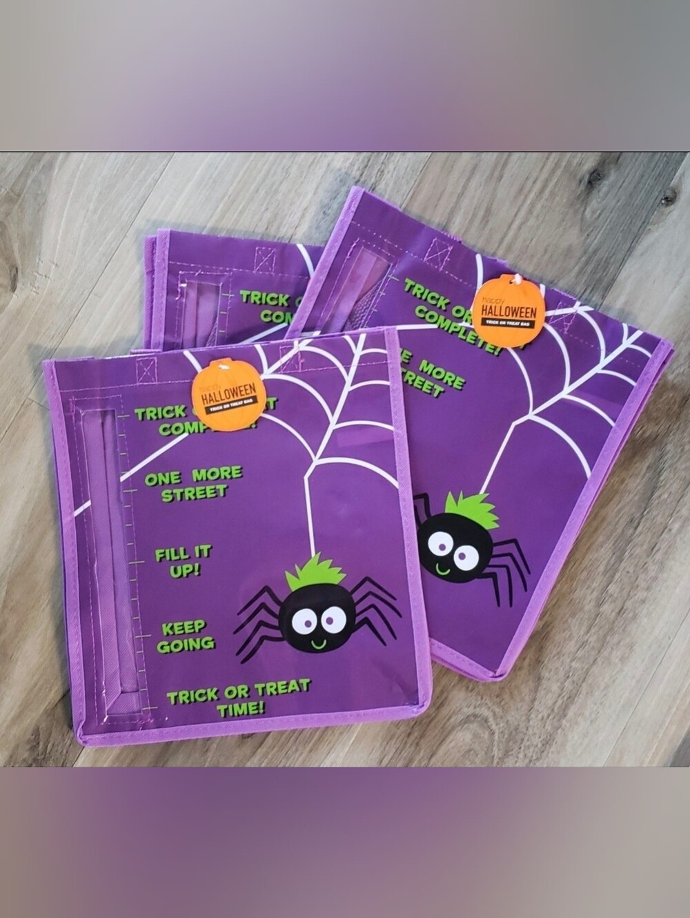 3 Trick or Treat Bags. Halloween Tote. Purple, Spider. See Thru Candy Gauge NEW
